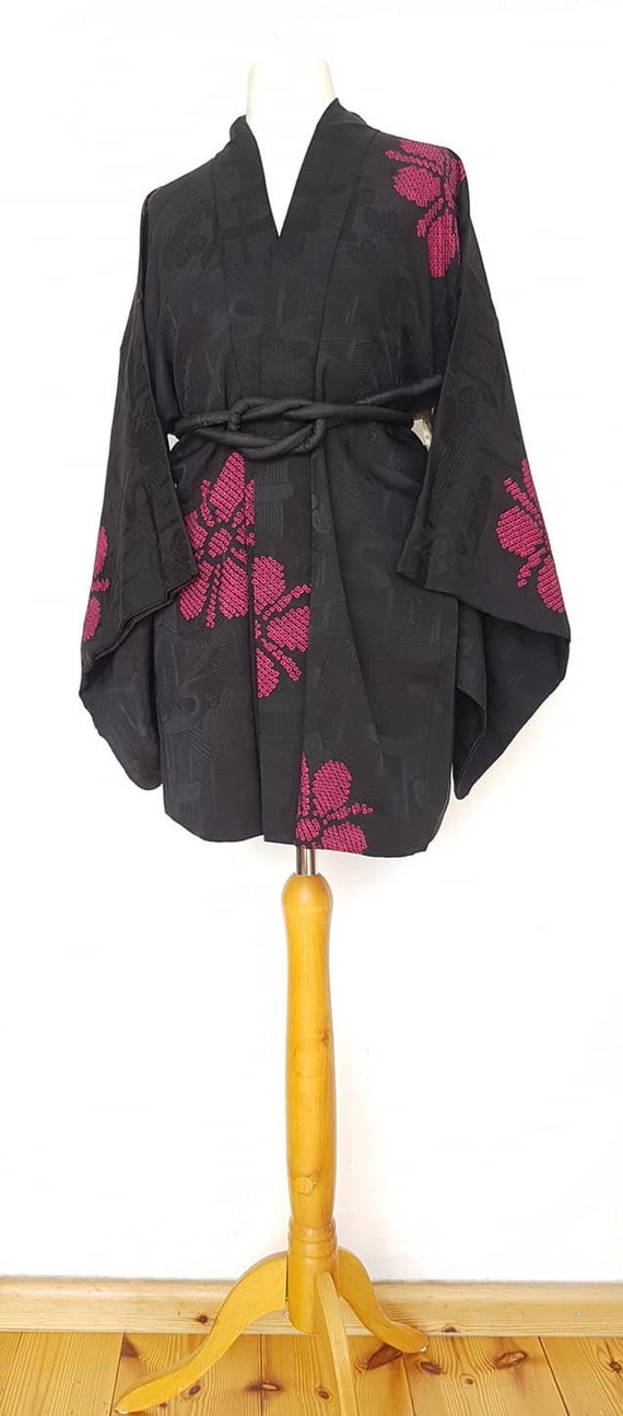 kimono jacket/Black, fuchsia pink 1950's Urushi l… - image 10