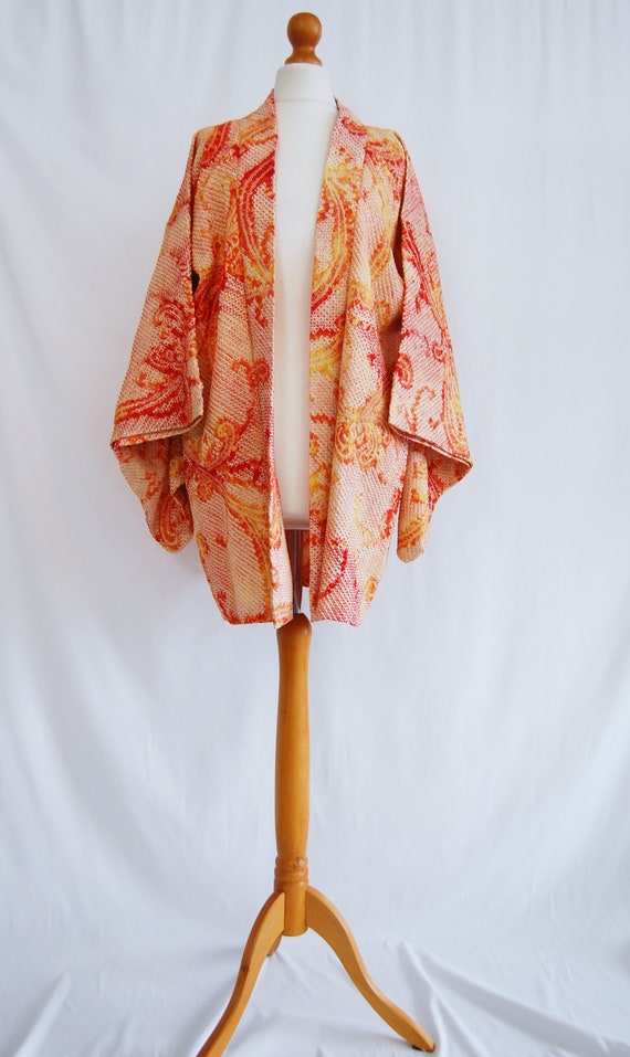 orange chrysanthemum  Shibori Kimono jacket /1960… - image 4