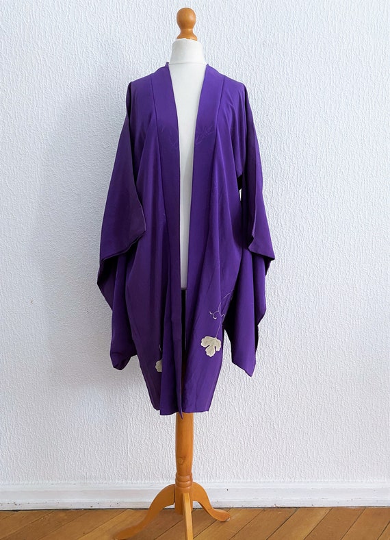 purple Antique floral kimono jacket/ silk long Ha… - image 5