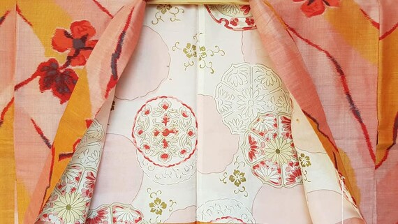 Kimono jacket/pink,orange flower pattern Meisen s… - image 4