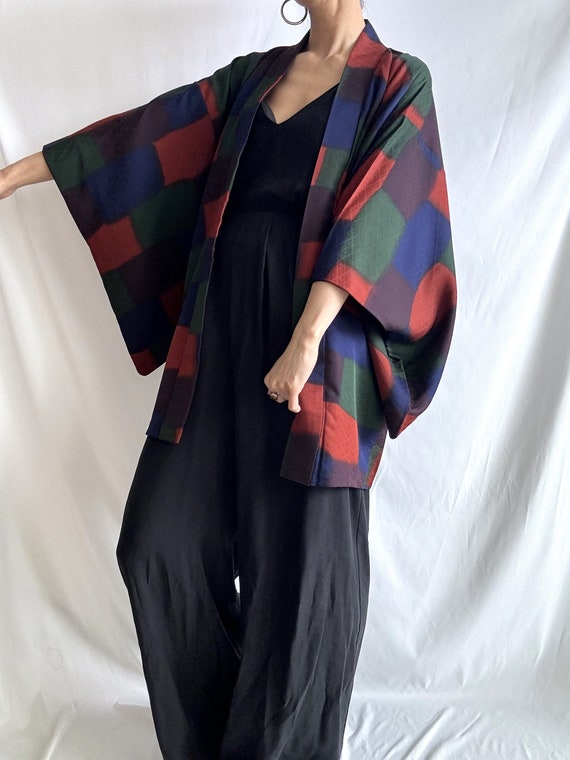 colorful 1960s Kimono jacket Checkered Pattern om… - image 6