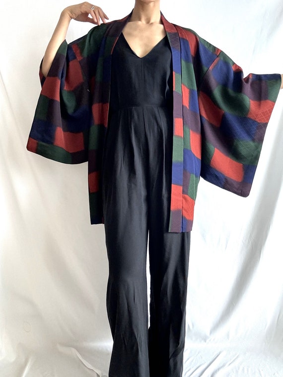 colorful 1960s Kimono jacket Checkered Pattern om… - image 3