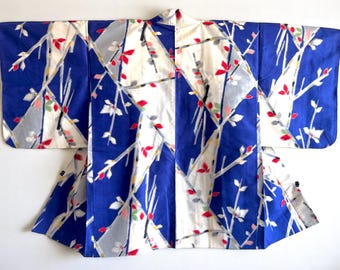 Meisen Haori uit de jaren 1920 – vintage Japans zijden kimonojack in levendig blauwe ikat bloemen | Art-decostijl