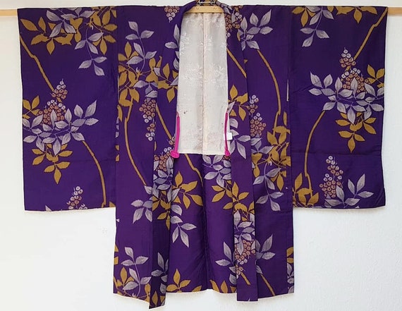 kimono jacket/ purple x yellow Meisen silk Haori … - image 2