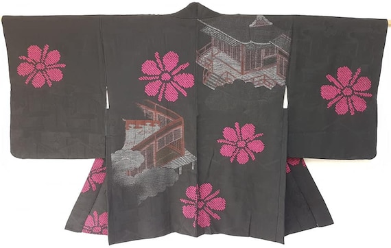 kimono jacket/Black, fuchsia pink 1950's Urushi l… - image 1