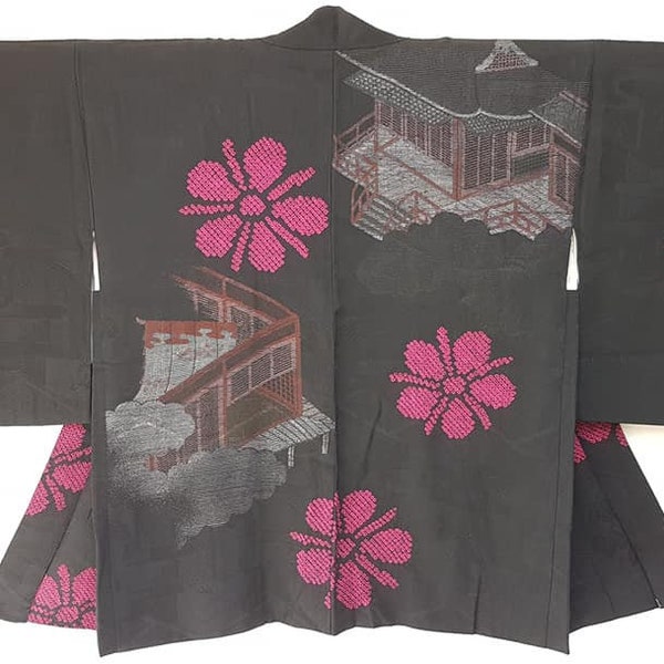 veste kimono/Noir, rose fuchsia 1950's Urushi laque paillettes kimono/ millésime japonais