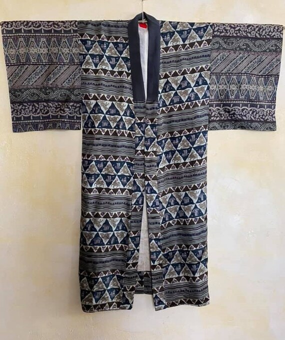 rare patchwork Men's Kimono robe/antique silk Nag… - image 8