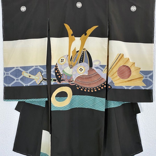 Hand painted beautiful baby's Kimono/ KABUTO, a decorative samurai helmet and fan motif / wall decoration 104cm length