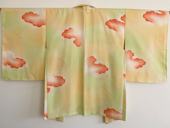 1960's apple green × orange cloud pattern Kimono … - image 1
