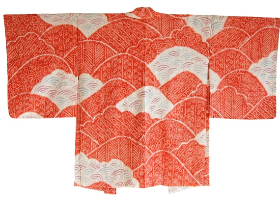cloud and wave motif Kimono jacket/salmon pink Sh… - image 1