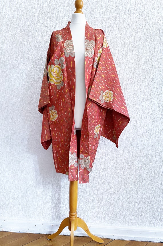 coral red peony flower Kimono jacket /Meisen silk… - image 8