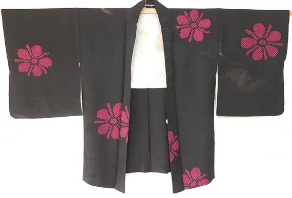kimono jacket/Black, fuchsia pink 1950's Urushi l… - image 2