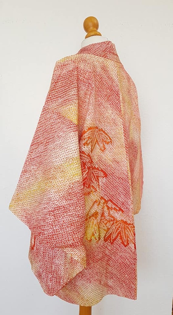 Kimono jacket/bamboo Coral red, yellow orange Hao… - image 5