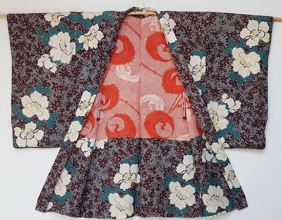 kimono jacket/burgundy,gray Peony flower Haori /1… - image 1