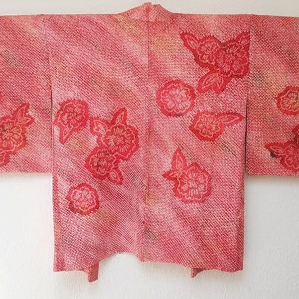 KIMONO Jacke kirschrosa HAORI/ floral Shibori tie-dye camellia look like hibiscus /modern Japanese vintage /SH20