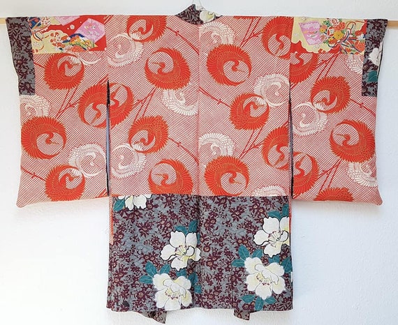 kimono jacket/burgundy,gray Peony flower Haori /1… - image 3