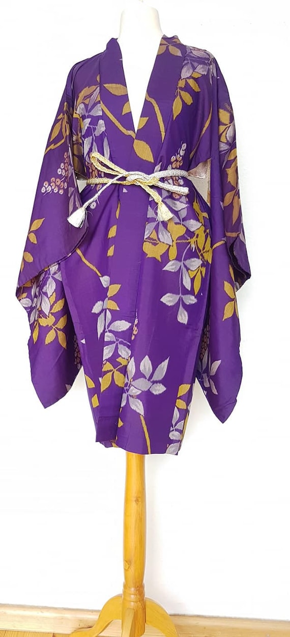 kimono jacket/ purple x yellow Meisen silk Haori … - image 10