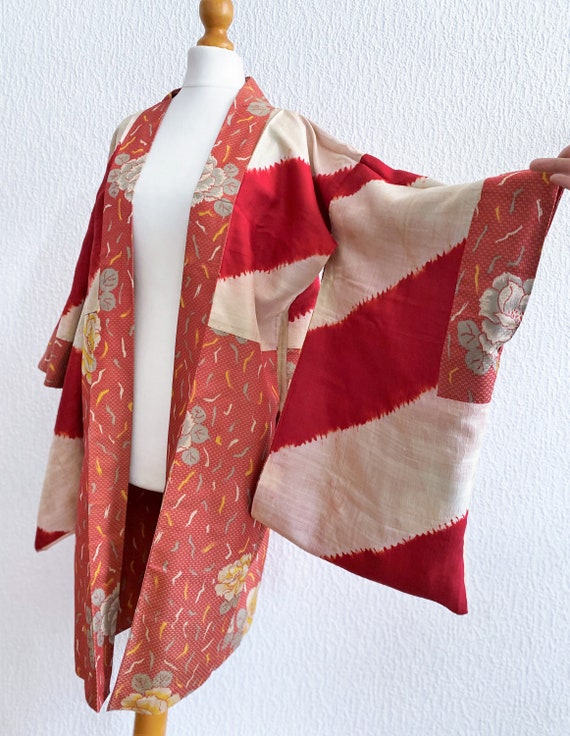 coral red peony flower Kimono jacket /Meisen silk… - image 7