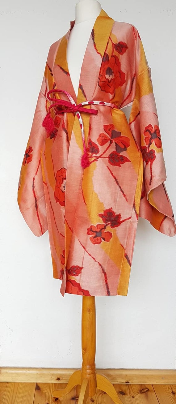 Kimono jacket/pink,orange flower pattern Meisen s… - image 6