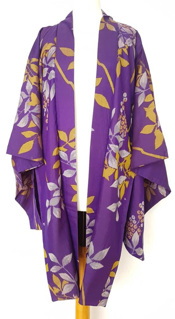 kimono jacket/ purple x yellow Meisen silk Haori … - image 9