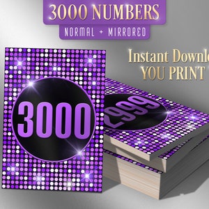 3000 afdrukbare Facebook Live-nummers, Sale Tags-kaarten, normaal + gespiegeld 1-3000, zwart + paars + violet + lila + glitter + glitter + bling