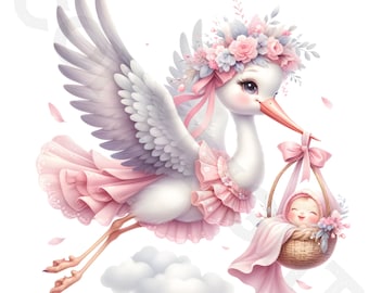 Pastel Pink Stork Clipart | Baby Girl Arrival PNG Images (Digital Download)