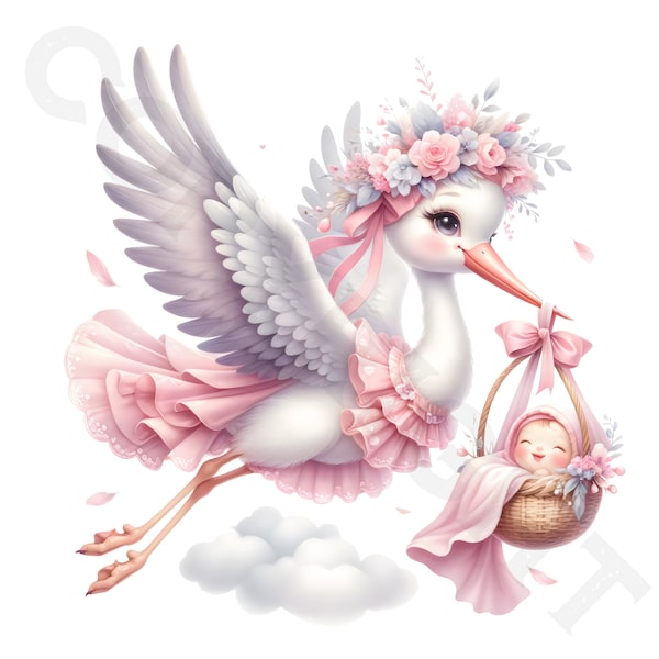 Pastel Pink Stork Baby Girl Clipart | 10 Transparent PNG Images | Baby Girl Arrival Bundle | Baby Shower Art | Printables | Commercial Use