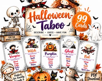 Halloween Taboo Card Game Printable | Family Party Game | 99 Cards PDF | Kids & Adults Halloween Activity | Instant Download