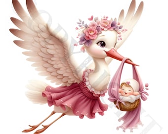 Berry Stork Baby Girl Clipart | PNG Images (Digital Download)