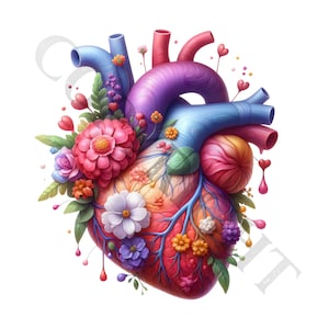 Clipart de corazón floral / Paquete / 10 imágenes PNG transparentes de alta calidad / Arte de pared / Manualidades de papel / Ropa / Impresiones digitales / Uso comercial