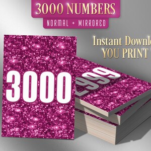 3000 afdrukbare Facebook Live-nummers, Facebook Live-nummerkaarten, Sale Tags, normaal + gespiegeld 1-3000, glitter + roze + wit + bling-bling