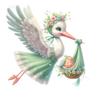 Pastel Green Stork Baby Girl or Boy Clipart | 10 Transparent PNG Images | Baby Arrival Bundle | Baby Shower | Printables | Commercial Use