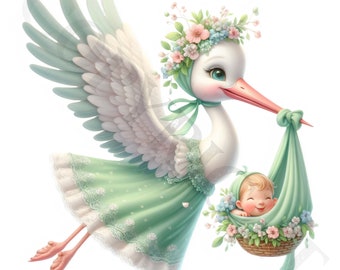 Pastel Green Stork Clipart | Baby Shower PNG Images (Digital Download)