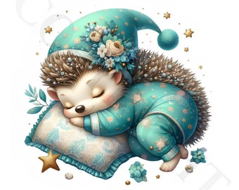 Sleeping Hedgehog Clipart | Pajama Animals PNG Images (Digital Download)