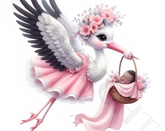 Pink Stork Black Baby Clipart | Baby Shower PNG (Digital Download)