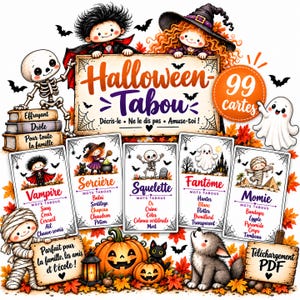 May include: A Halloween Tabou card game set featuring 99 cards with illustrations of a vampire, witch, skeleton, ghost, and mummy. The cards display French text, including character names and related words, surrounded by autumn leaves and pumpkins.