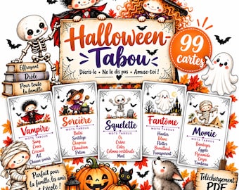 Jeu Halloween Tabou à Imprimer | 99 Cartes PDF en Français | Jeu de Société Famille, Enfants et École | Téléchargement Immédiat