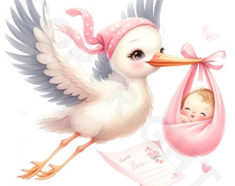 Stork Baby Girl Clipart | Watercolor PNG Images (Digital Download)