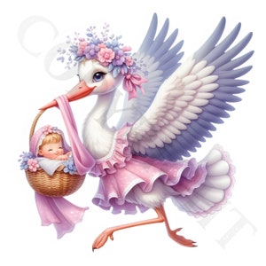 Lila Storch Baby Mädchen Clipart | 10 Transparente PNG-Bilder | Baby-Ankommen-Bündel | Babyparty Kunst | Drucksachen | Kommerzielle Nutzung