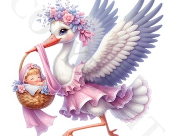 Baby Girl Stork Clipart | Pink, Purple PNG Images (Commercial Use)