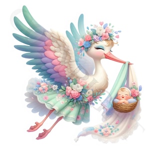Clipart bébé cigogne | Vert Rose Bleu Violet | 10 images PNG | Lot d'arrivée de bébé | Art baby shower | Imprimables | Utilisation commerciale