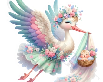 Stork Baby Clipart | Pastel Floral PNG Images (Digital Download)