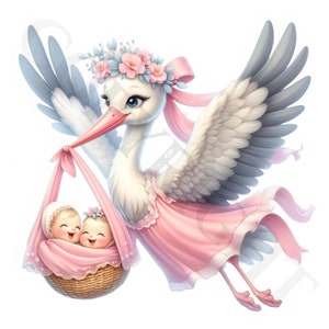Pastelroze ooievaar levert baby-tweeling Clipart | 10 transparante png-afbeeldingen | Aankomstbundel Baby Twins | Babyshowerkunst | Commercieel gebruik