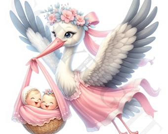 Pastel Pink Stork Twins Clipart | Baby Shower PNG (Digital Download)