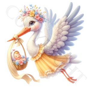 Yellow Stork Baby Girl or Boy Clipart | 10 Transparent PNG Images | Baby Arrival Bundle | Baby Shower Art | Printables | Commercial Use