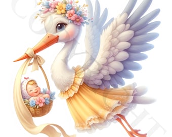 Stork Baby Arrival Clipart | Transparent PNG Images (Digital Download)