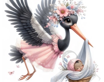 Black Stork Baby Shower Clipart | African American Baby Arrival (PNG, Digital Download)