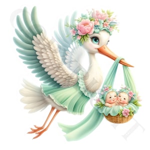 Pastelgroene ooievaar levert baby-tweeling Clipart | 10 transparante png-afbeeldingen | Aankomstbundel Baby Twins | Babyshowerkunst | Commercieel gebruik