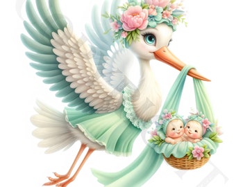 Pastel Stork Twins Clipart | Baby Shower PNG Images (Digital Download)