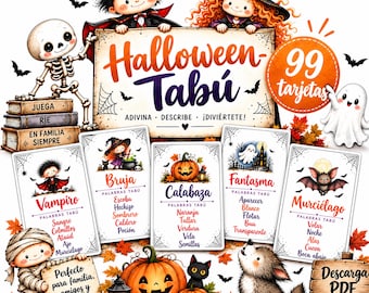 Juego Halloween Tabú para Imprimir | 99 Tarjetas PDF en Español | Juego de Palabras Familia, Niños y Colegio | Descarga Inmediata